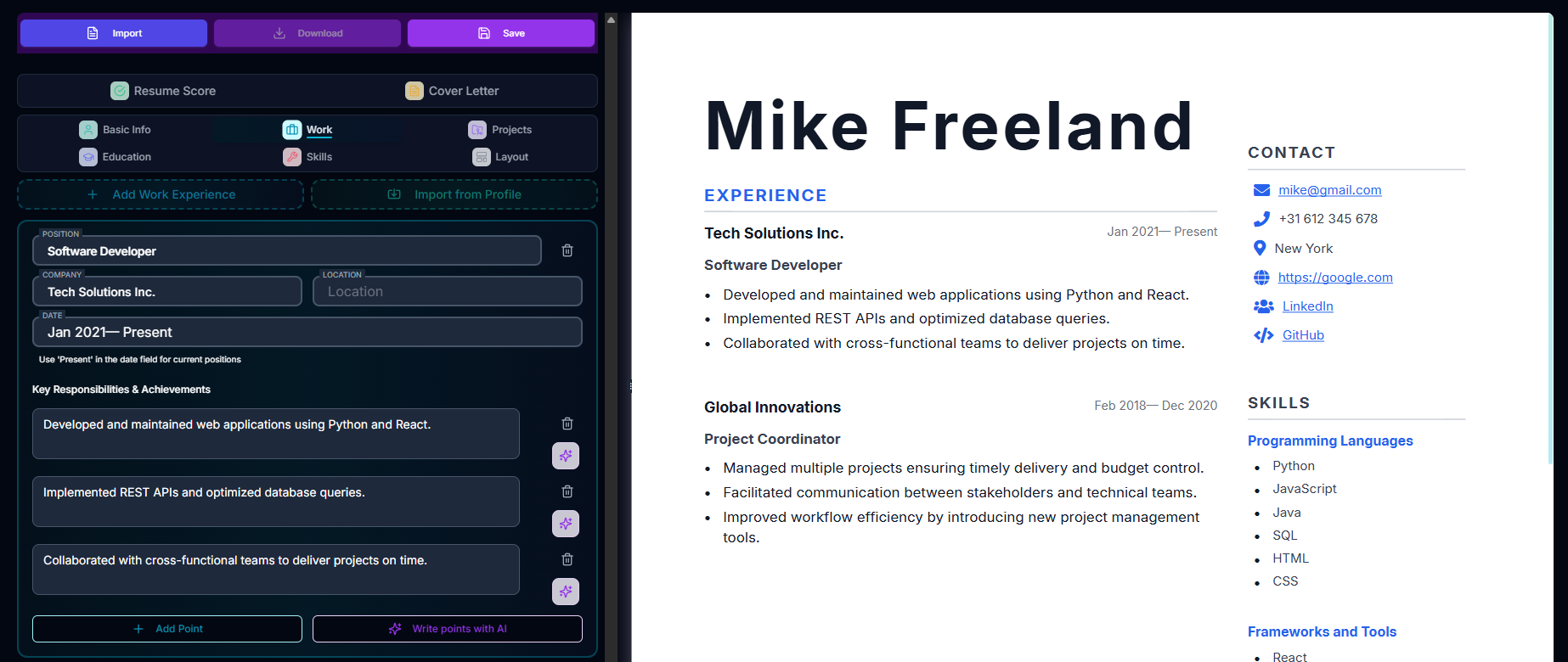 Resume Glider Dashboard - AI-powered resume builder interface